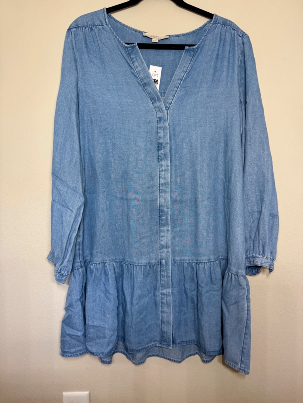NWT LOFT Chambray Button Down Long Sleeve Flounce Dress Denim - Picture 4 of 8